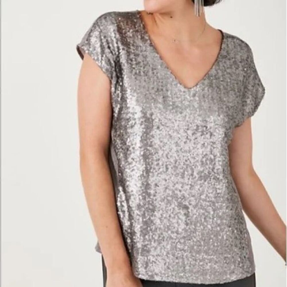 Stella & Dot Womens Silver Sequin Embellished Blouse Top Size XS